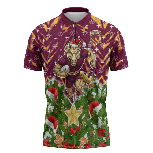 Personalised Broncos Rugby Christmas Zipper Polo Shirt Santa Rugby Mascot - Pine Wreath Festive