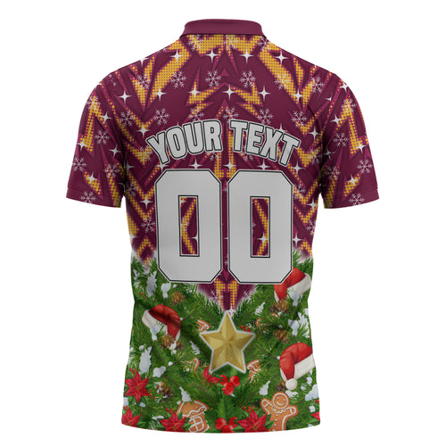 Personalised Broncos Rugby Christmas Zipper Polo Shirt Santa Rugby Mascot - Pine Wreath Festive