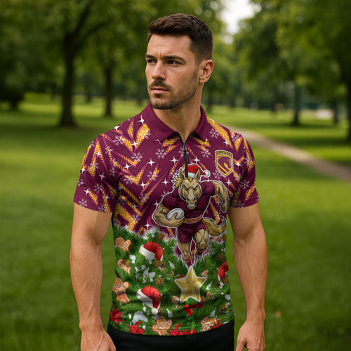 Personalised Broncos Rugby Christmas Zipper Polo Shirt Santa Rugby Mascot - Pine Wreath Festive
