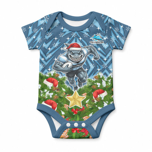 Personalised Sharks Rugby Christmas Baby Onesie Santa Rugby Mascot - Pine Wreath Festive