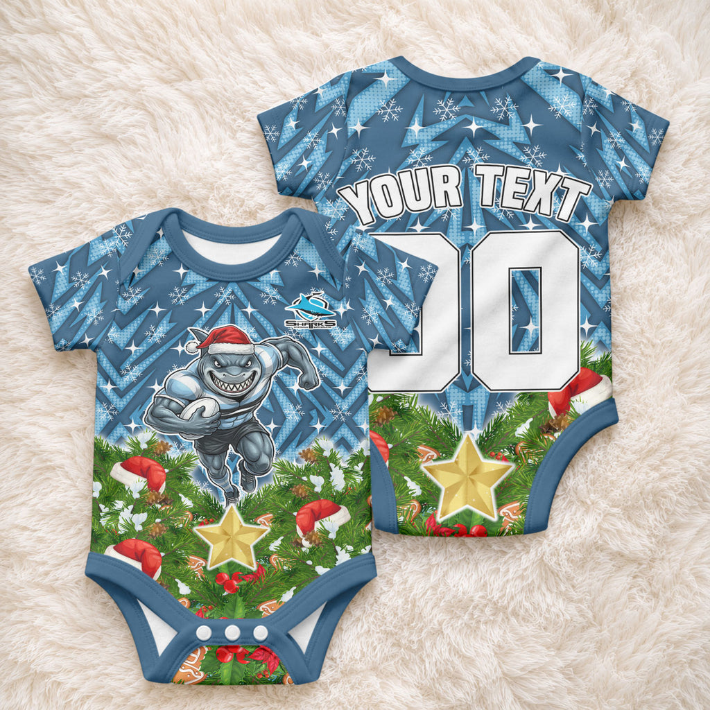 Personalised Sharks Rugby Christmas Baby Onesie Santa Rugby Mascot - Pine Wreath Festive