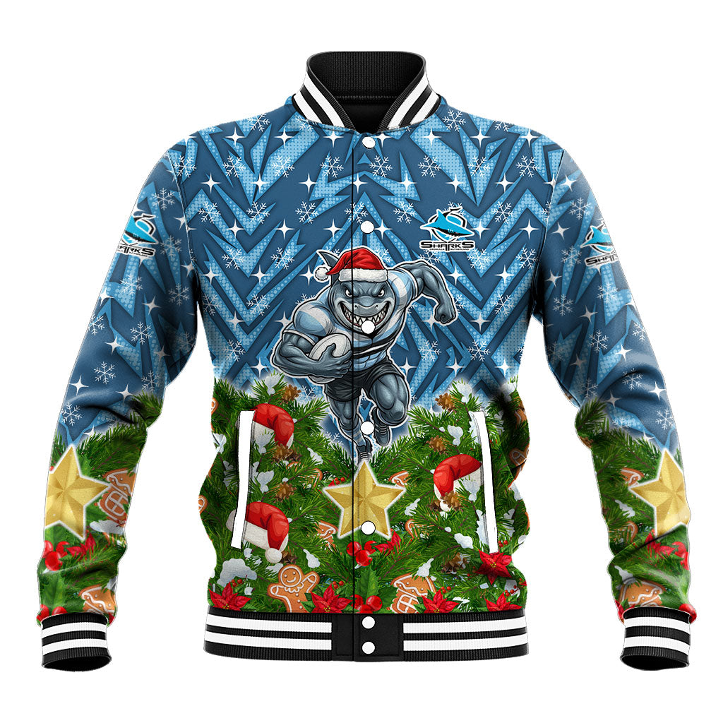Personalised Sharks Rugby Christmas Baseball Jacket Santa Rugby Mascot - Pine Wreath Festive
