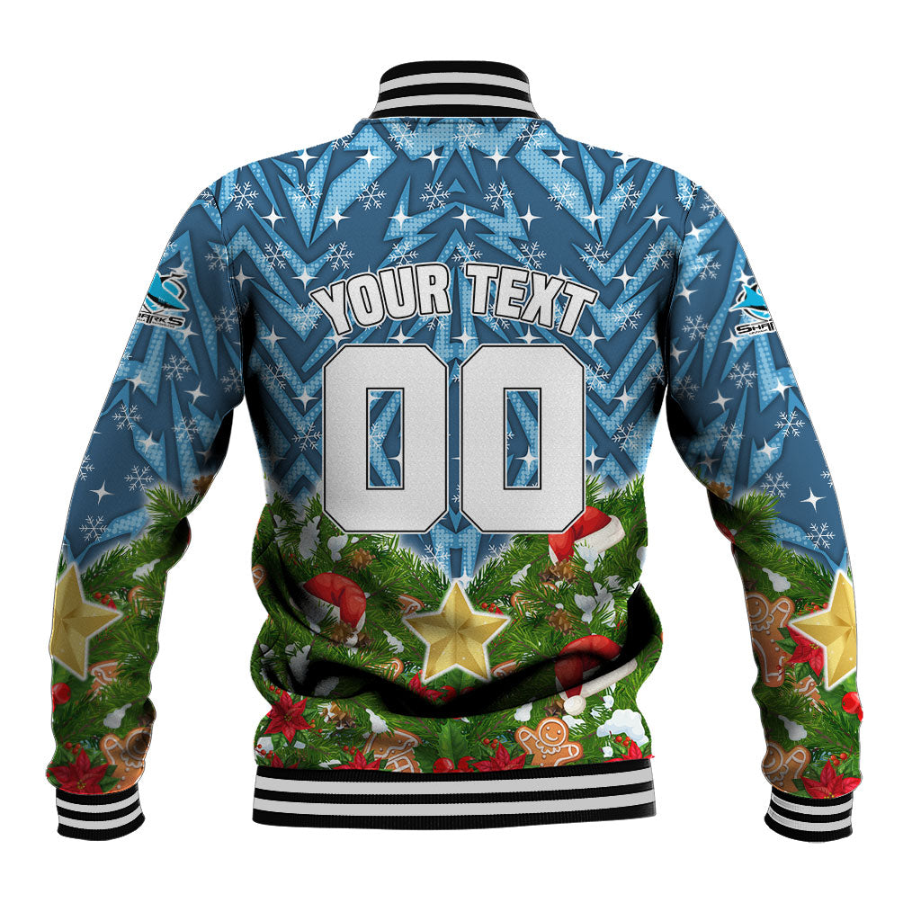 Personalised Sharks Rugby Christmas Baseball Jacket Santa Rugby Mascot - Pine Wreath Festive