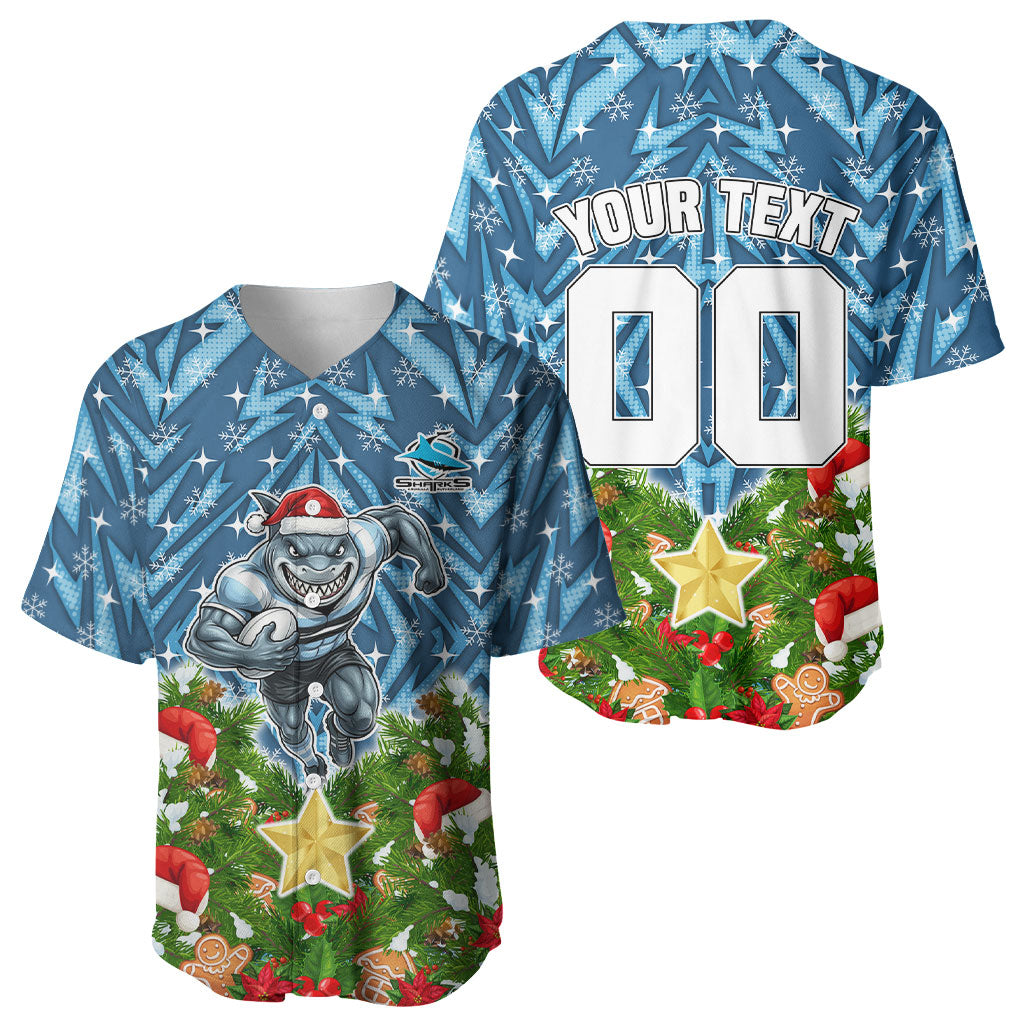 Personalised Sharks Rugby Christmas Baseball Jersey Santa Rugby Mascot - Pine Wreath Festive