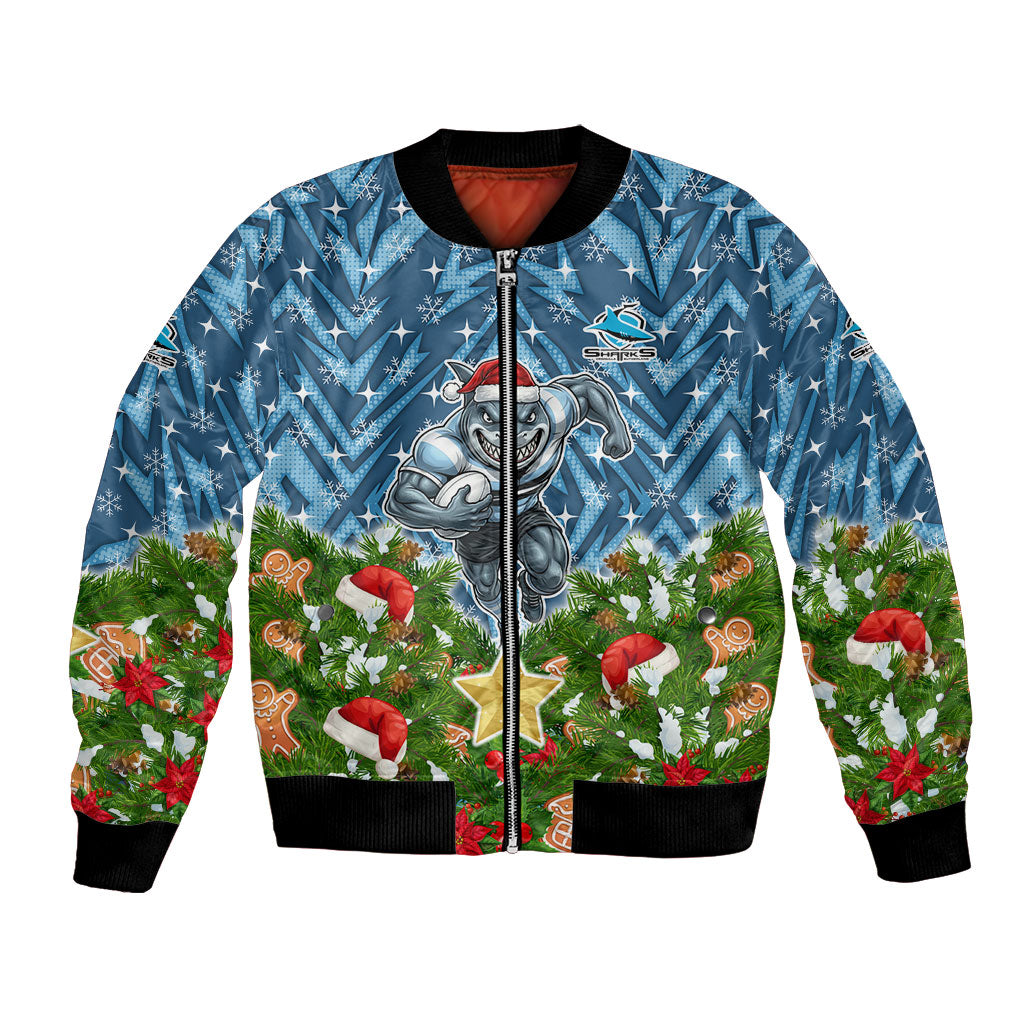 Personalised Sharks Rugby Christmas Bomber Jacket Santa Rugby Mascot - Pine Wreath Festive
