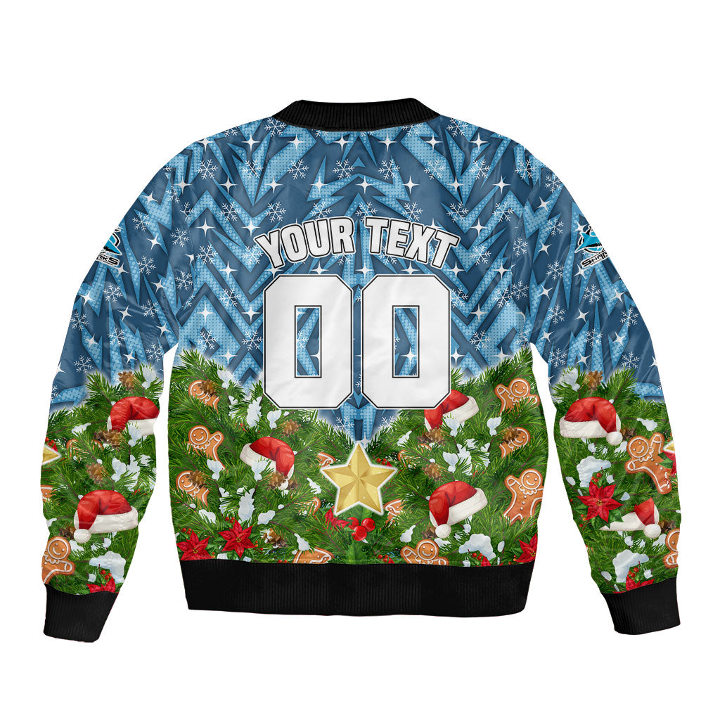 Personalised Sharks Rugby Christmas Bomber Jacket Santa Rugby Mascot - Pine Wreath Festive