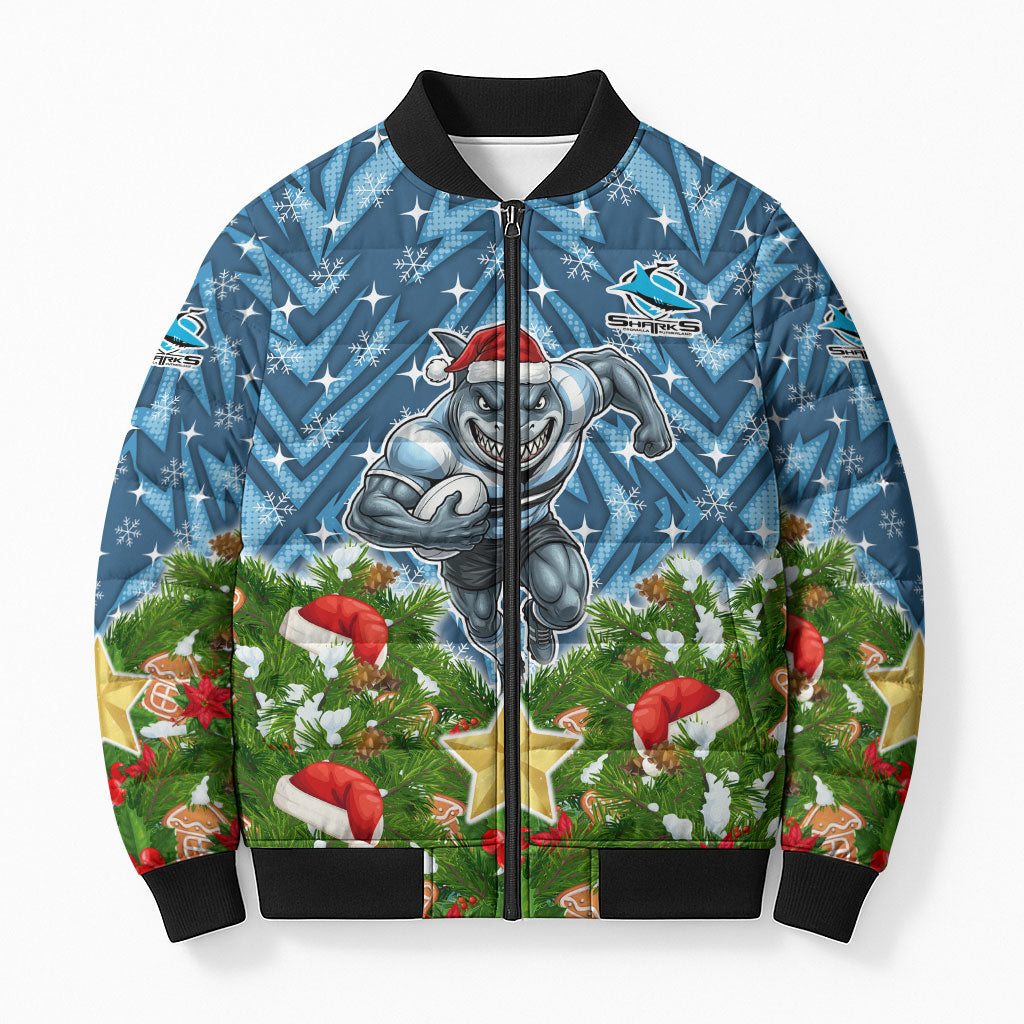 Personalised Sharks Rugby Christmas Bomber Puffer Jacket Santa Rugby Mascot - Pine Wreath Festive