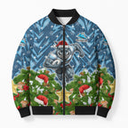 Personalised Sharks Rugby Christmas Bomber Puffer Jacket Santa Rugby Mascot - Pine Wreath Festive