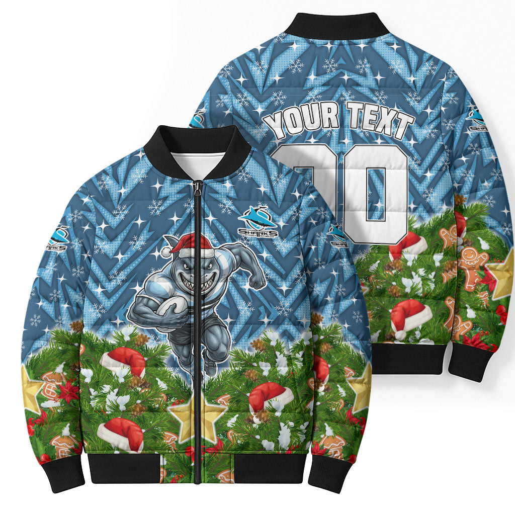 Personalised Sharks Rugby Christmas Bomber Puffer Jacket Santa Rugby Mascot - Pine Wreath Festive