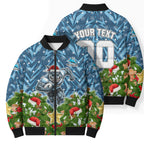 Personalised Sharks Rugby Christmas Bomber Puffer Jacket Santa Rugby Mascot - Pine Wreath Festive
