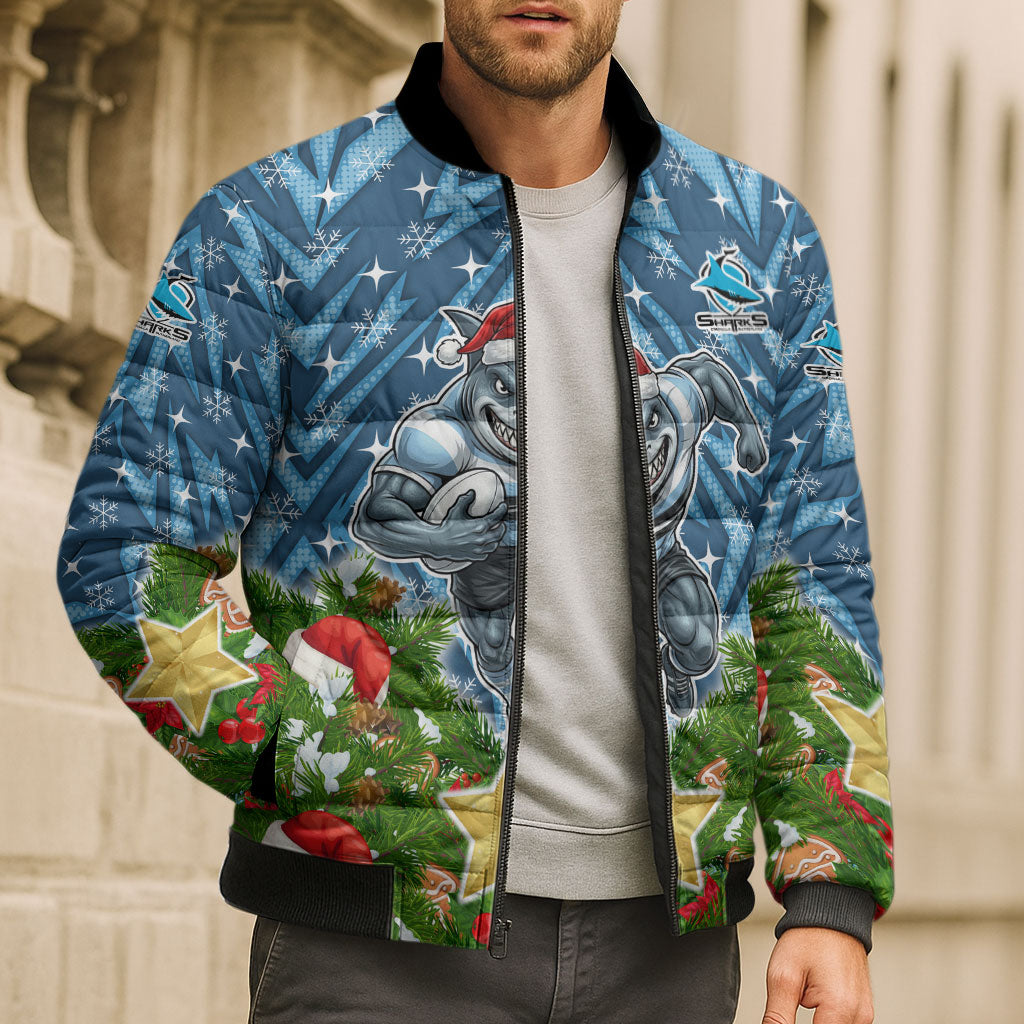 Personalised Sharks Rugby Christmas Bomber Puffer Jacket Santa Rugby Mascot - Pine Wreath Festive