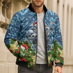 Personalised Sharks Rugby Christmas Bomber Puffer Jacket Santa Rugby Mascot - Pine Wreath Festive