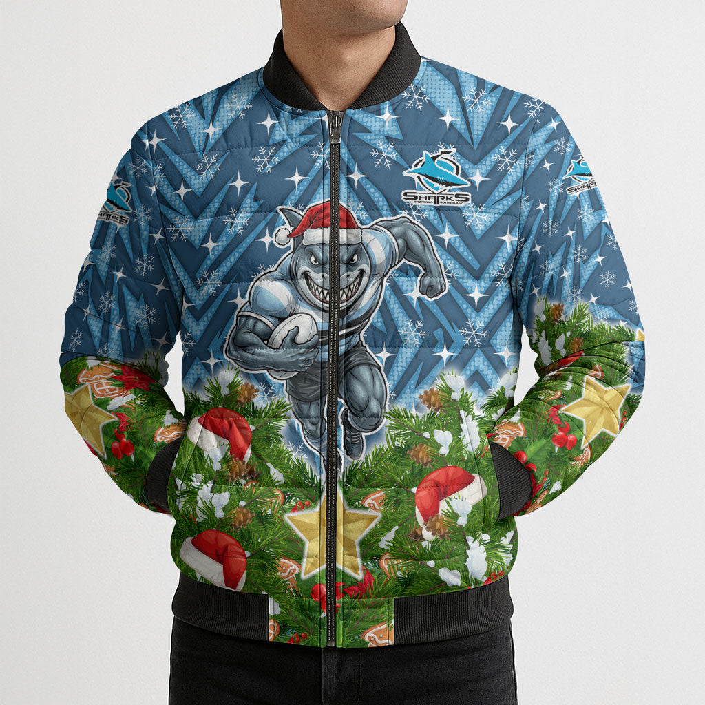 Personalised Sharks Rugby Christmas Bomber Puffer Jacket Santa Rugby Mascot - Pine Wreath Festive