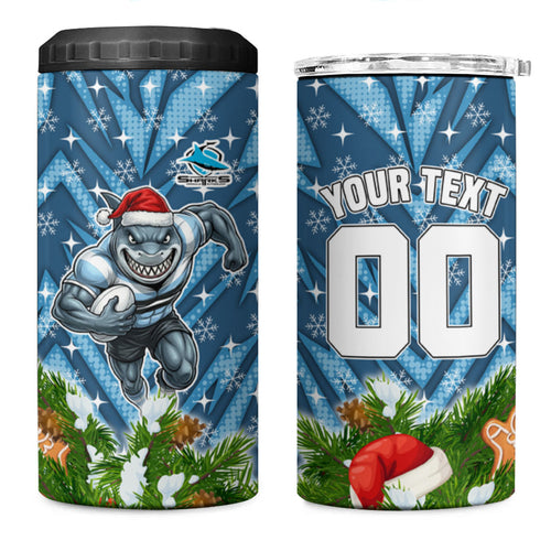 Personalised Sharks Rugby Christmas 4 in 1 Can Cooler Tumbler Santa Rugby Mascot - Pine Wreath Festive