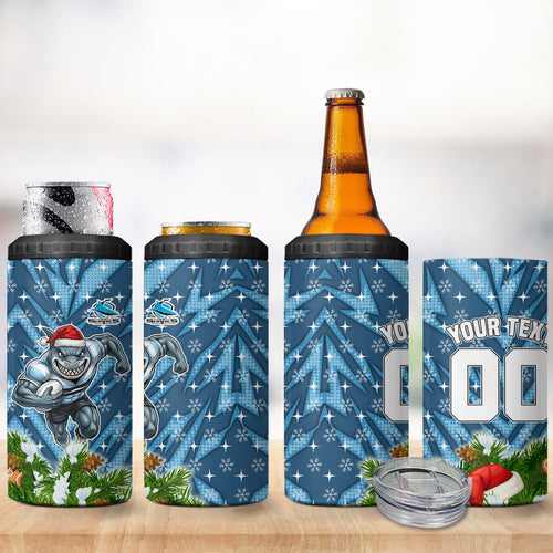 Personalised Sharks Rugby Christmas 4 in 1 Can Cooler Tumbler Santa Rugby Mascot - Pine Wreath Festive