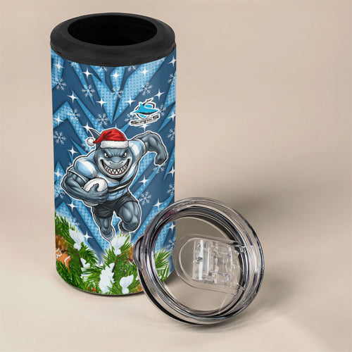 Personalised Sharks Rugby Christmas 4 in 1 Can Cooler Tumbler Santa Rugby Mascot - Pine Wreath Festive