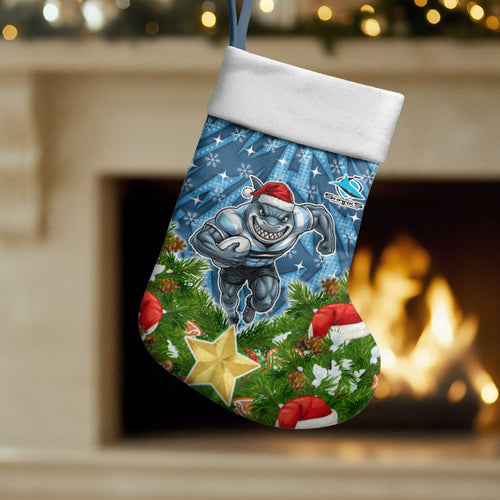 Sharks Rugby Christmas Stocking Santa Rugby Mascot - Pine Wreath Festive