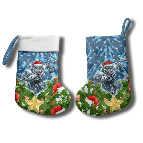 Sharks Rugby Christmas Stocking Santa Rugby Mascot - Pine Wreath Festive