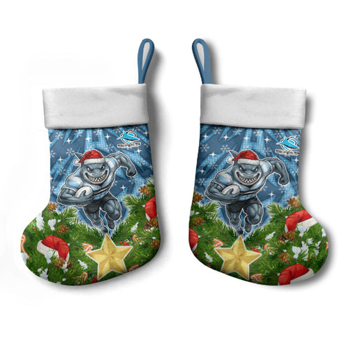 Sharks Rugby Christmas Stocking Santa Rugby Mascot - Pine Wreath Festive