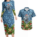 Personalised Sharks Rugby Christmas Couples Matching Long Sleeve Bodycon Dress and Hawaiian Shirt Santa Rugby Mascot - Pine Wreath Festive