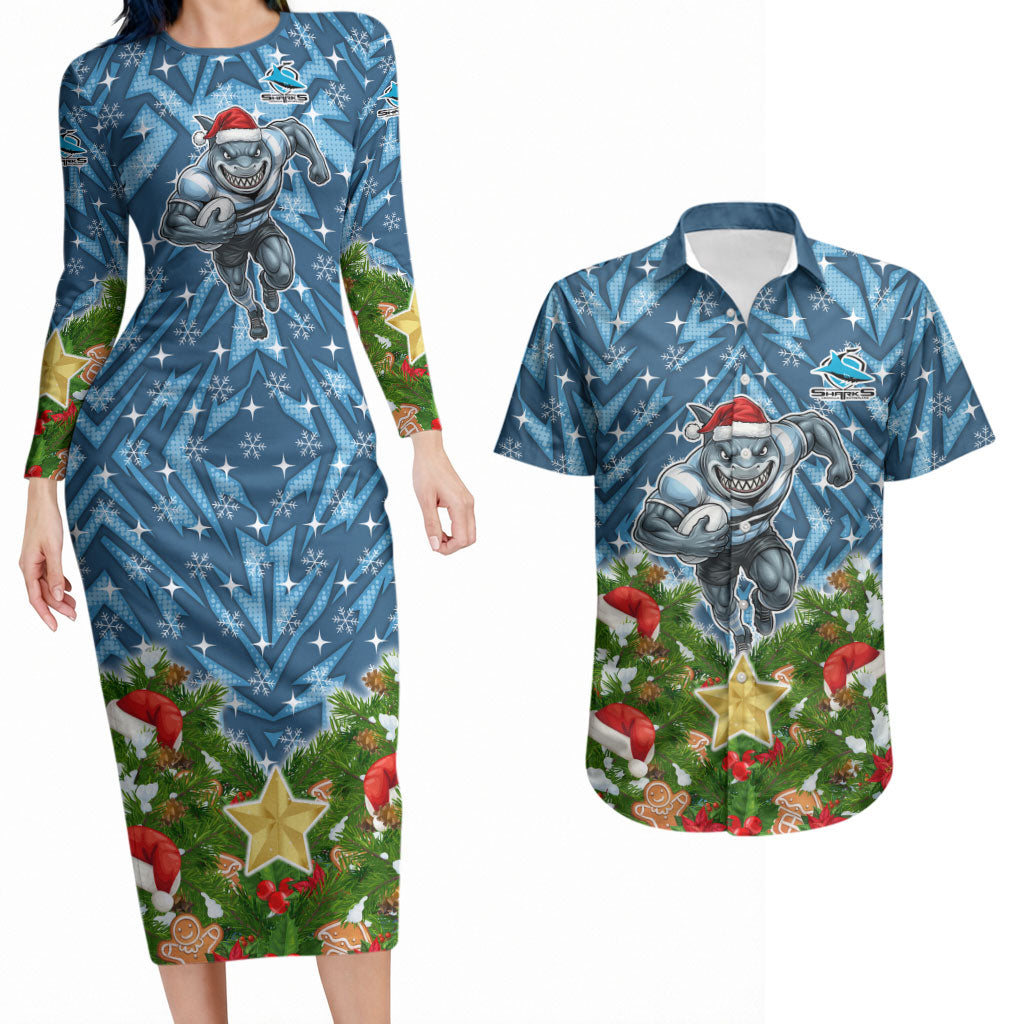 Personalised Sharks Rugby Christmas Couples Matching Long Sleeve Bodycon Dress and Hawaiian Shirt Santa Rugby Mascot - Pine Wreath Festive