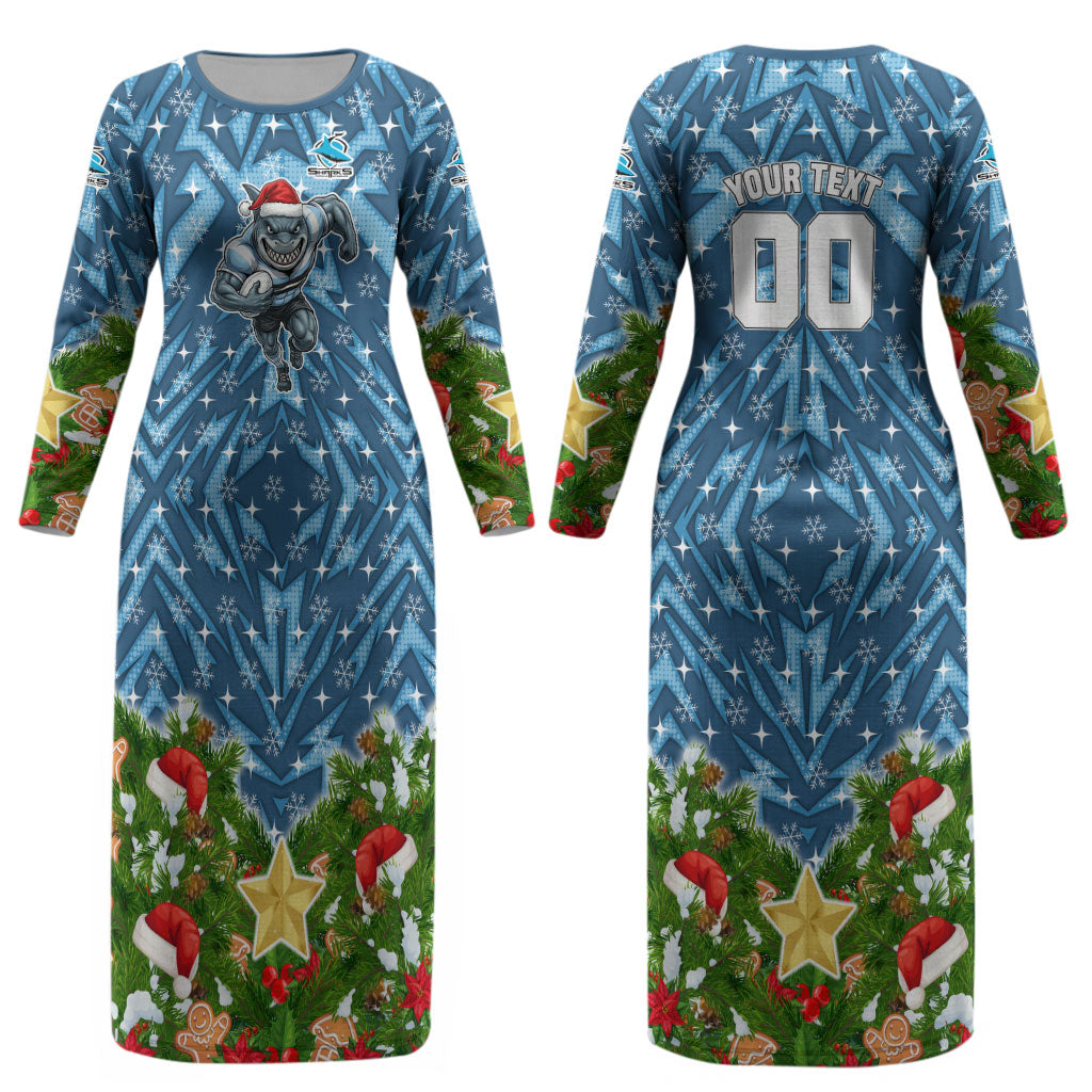 Personalised Sharks Rugby Christmas Couples Matching Long Sleeve Bodycon Dress and Hawaiian Shirt Santa Rugby Mascot - Pine Wreath Festive
