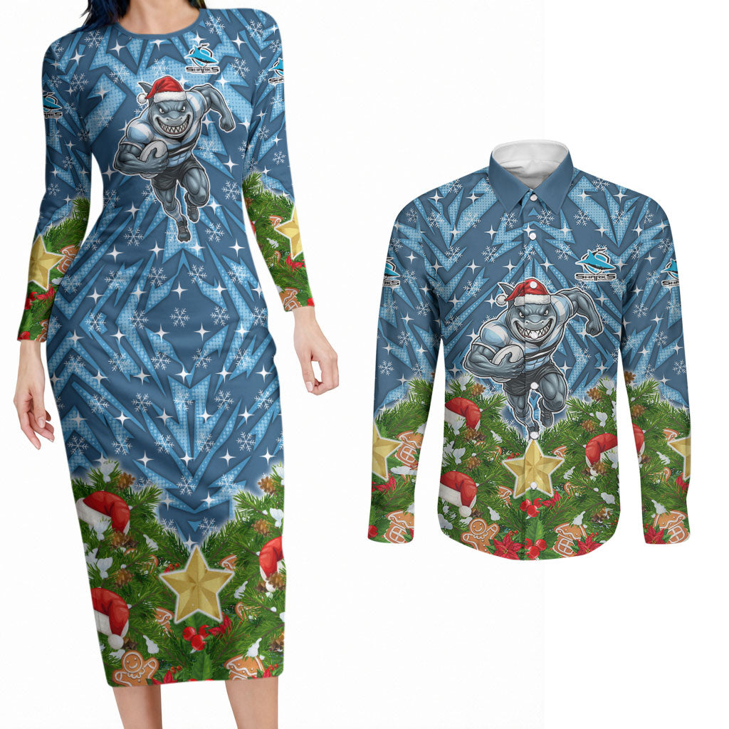 Personalised Sharks Rugby Christmas Couples Matching Long Sleeve Bodycon Dress and Long Sleeve Button Shirt Santa Rugby Mascot - Pine Wreath Festive