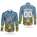 Personalised Sharks Rugby Christmas Couples Matching Long Sleeve Bodycon Dress and Long Sleeve Button Shirt Santa Rugby Mascot - Pine Wreath Festive