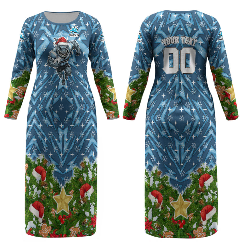 Personalised Sharks Rugby Christmas Couples Matching Long Sleeve Bodycon Dress and Long Sleeve Button Shirt Santa Rugby Mascot - Pine Wreath Festive