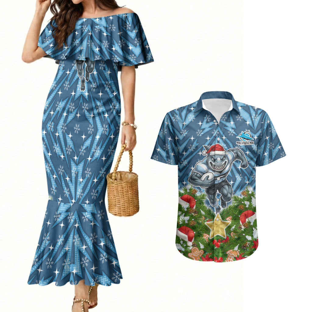 Personalised Sharks Rugby Christmas Couples Matching Mermaid Dress and Hawaiian Shirt Santa Rugby Mascot - Pine Wreath Festive