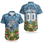 Personalised Sharks Rugby Christmas Couples Matching Mermaid Dress and Hawaiian Shirt Santa Rugby Mascot - Pine Wreath Festive