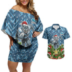 Personalised Sharks Rugby Christmas Couples Matching Off Shoulder Short Dress and Hawaiian Shirt Santa Rugby Mascot - Pine Wreath Festive