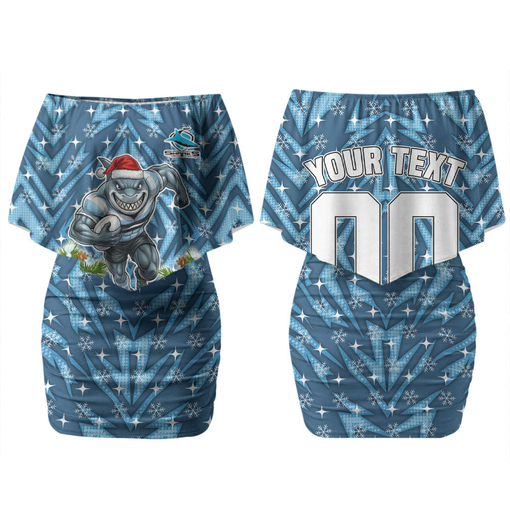 Personalised Sharks Rugby Christmas Couples Matching Off Shoulder Short Dress and Hawaiian Shirt Santa Rugby Mascot - Pine Wreath Festive