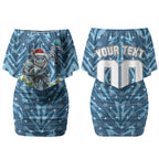 Personalised Sharks Rugby Christmas Couples Matching Off Shoulder Short Dress and Hawaiian Shirt Santa Rugby Mascot - Pine Wreath Festive