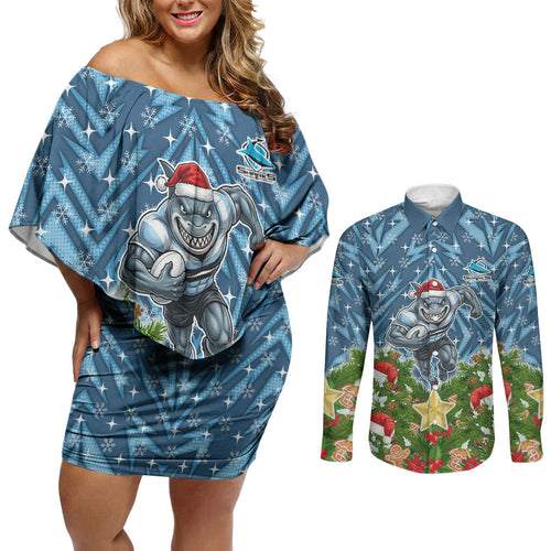 Personalised Sharks Rugby Christmas Couples Matching Off Shoulder Short Dress and Long Sleeve Button Shirt Santa Rugby Mascot - Pine Wreath Festive