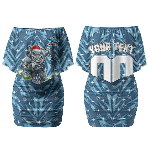 Personalised Sharks Rugby Christmas Couples Matching Off Shoulder Short Dress and Long Sleeve Button Shirt Santa Rugby Mascot - Pine Wreath Festive