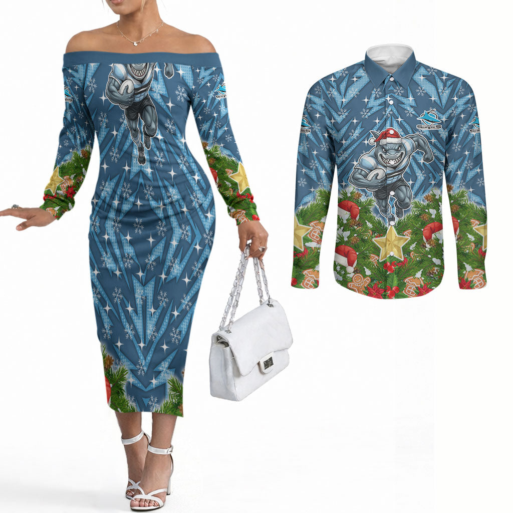 Personalised Sharks Rugby Christmas Couples Matching Off The Shoulder Long Sleeve Dress and Long Sleeve Button Shirt Santa Rugby Mascot - Pine Wreath Festive