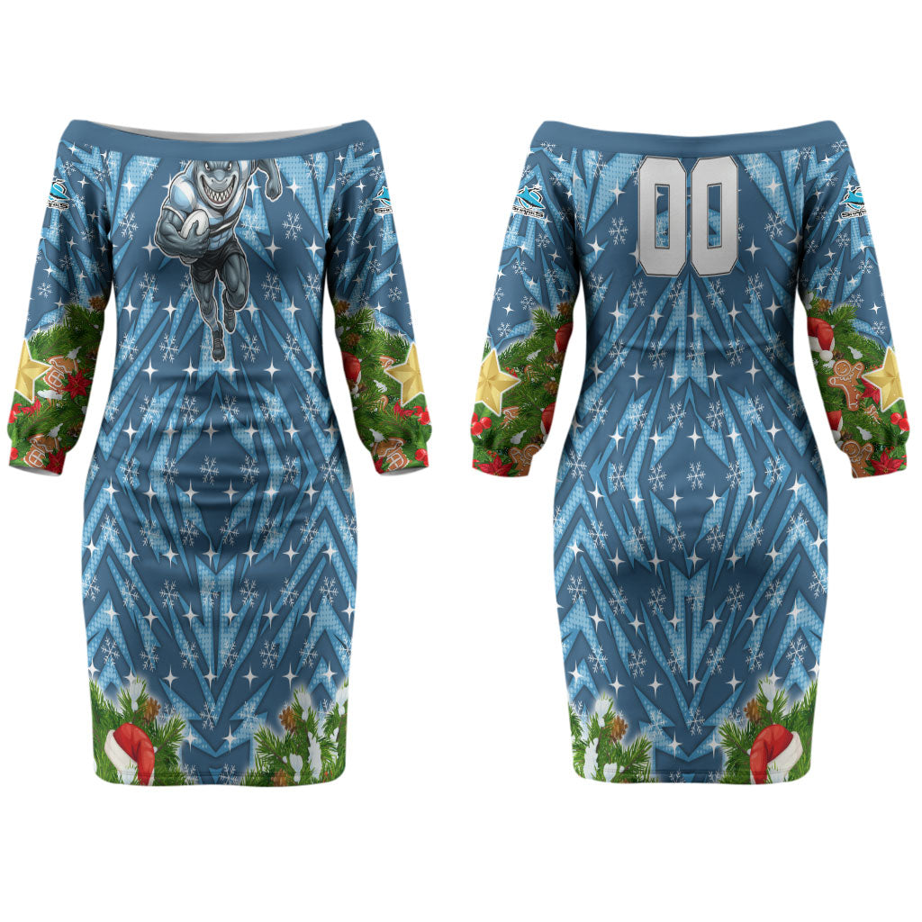 Personalised Sharks Rugby Christmas Couples Matching Off The Shoulder Long Sleeve Dress and Long Sleeve Button Shirt Santa Rugby Mascot - Pine Wreath Festive