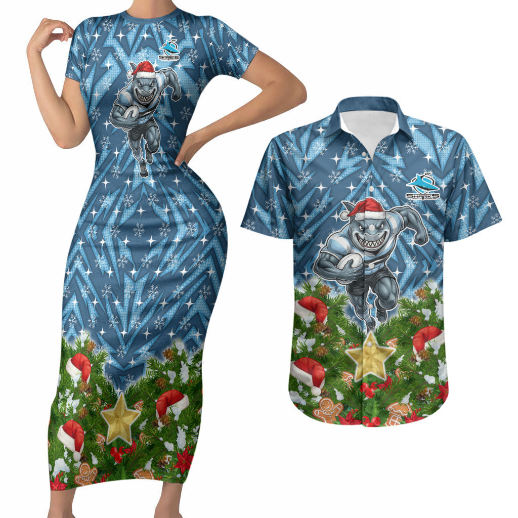 Personalised Sharks Rugby Christmas Couples Matching Short Sleeve Bodycon Dress and Hawaiian Shirt Santa Rugby Mascot - Pine Wreath Festive