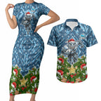 Personalised Sharks Rugby Christmas Couples Matching Short Sleeve Bodycon Dress and Hawaiian Shirt Santa Rugby Mascot - Pine Wreath Festive