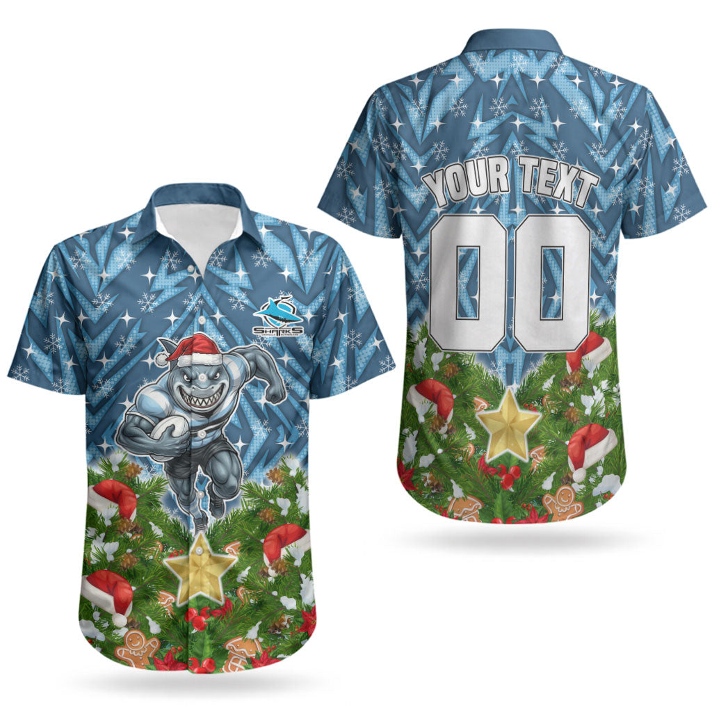 Personalised Sharks Rugby Christmas Couples Matching Short Sleeve Bodycon Dress and Hawaiian Shirt Santa Rugby Mascot - Pine Wreath Festive