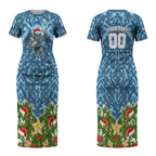 Personalised Sharks Rugby Christmas Couples Matching Short Sleeve Bodycon Dress and Hawaiian Shirt Santa Rugby Mascot - Pine Wreath Festive
