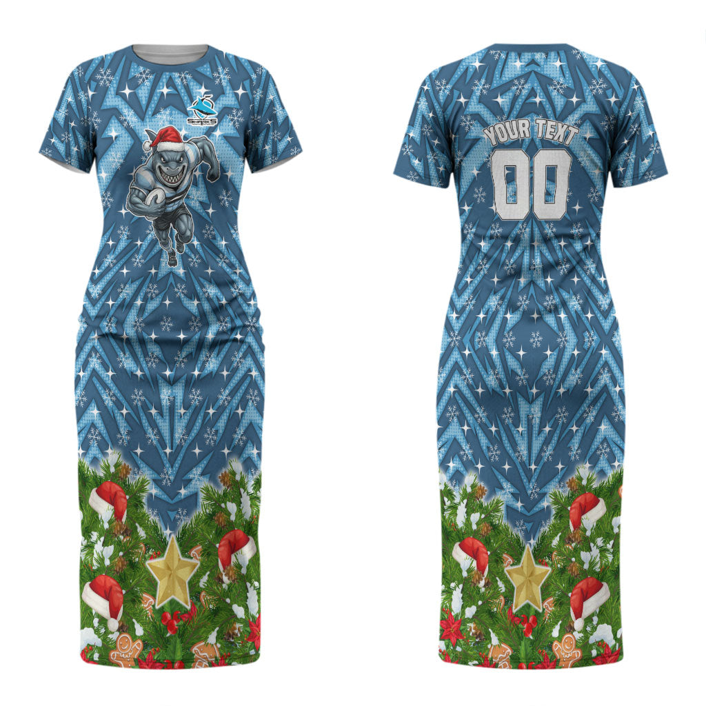 Personalised Sharks Rugby Christmas Couples Matching Short Sleeve Bodycon Dress and Hawaiian Shirt Santa Rugby Mascot - Pine Wreath Festive