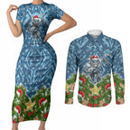 Personalised Sharks Rugby Christmas Couples Matching Short Sleeve Bodycon Dress and Long Sleeve Button Shirt Santa Rugby Mascot - Pine Wreath Festive