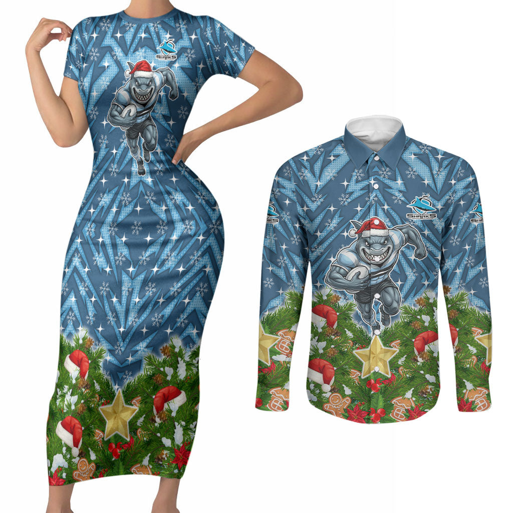 Personalised Sharks Rugby Christmas Couples Matching Short Sleeve Bodycon Dress and Long Sleeve Button Shirt Santa Rugby Mascot - Pine Wreath Festive
