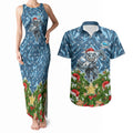 Personalised Sharks Rugby Christmas Couples Matching Tank Maxi Dress and Hawaiian Shirt Santa Rugby Mascot - Pine Wreath Festive