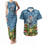 Personalised Sharks Rugby Christmas Couples Matching Tank Maxi Dress and Hawaiian Shirt Santa Rugby Mascot - Pine Wreath Festive