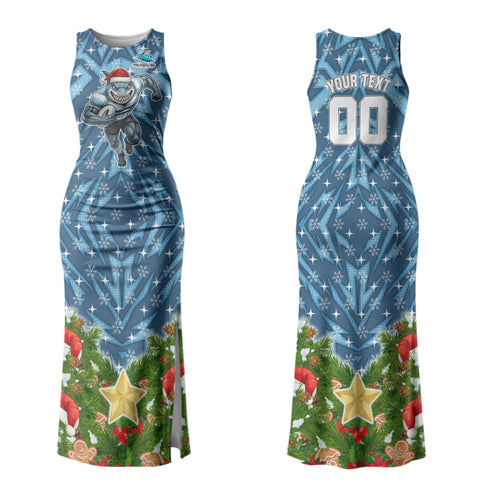 Personalised Sharks Rugby Christmas Couples Matching Tank Maxi Dress and Long Sleeve Button Shirt Santa Rugby Mascot - Pine Wreath Festive