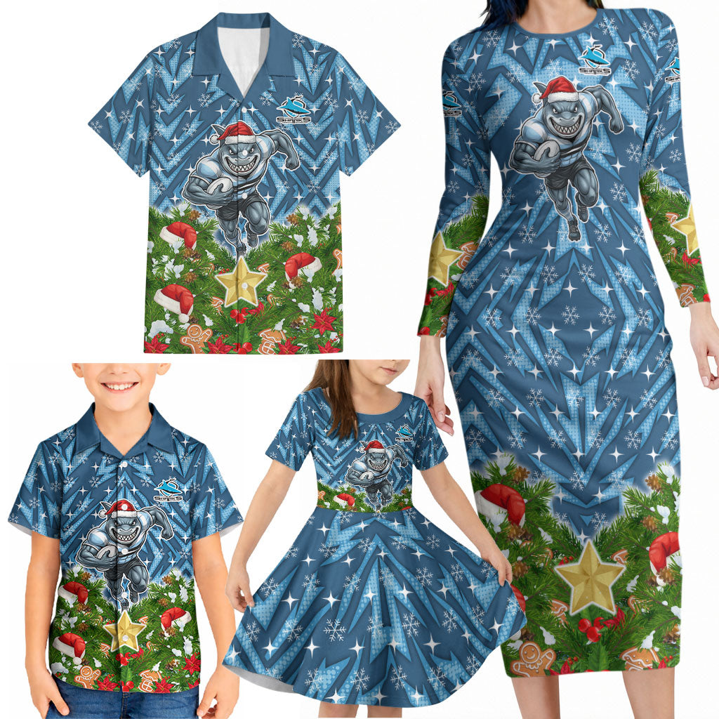 Personalised Sharks Rugby Christmas Family Matching Long Sleeve Bodycon Dress and Hawaiian Shirt Santa Rugby Mascot - Pine Wreath Festive