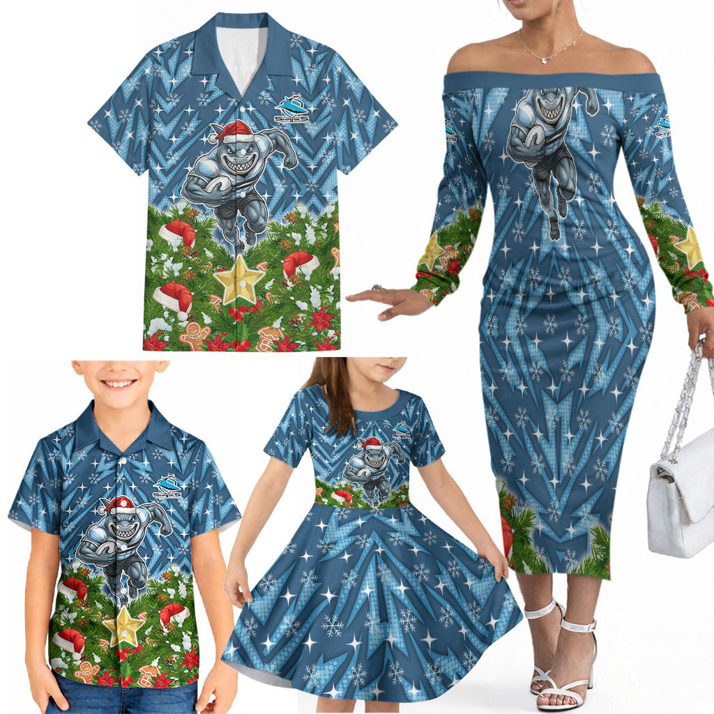 Personalised Sharks Rugby Christmas Family Matching Off The Shoulder Long Sleeve Dress and Hawaiian Shirt Santa Rugby Mascot - Pine Wreath Festive
